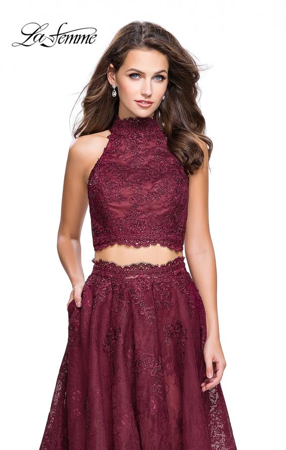Picture of: Long Lace A-line Two Piece Prom Dress with Cut Outs in Burgundy, Style: 26103, Detail Picture 5