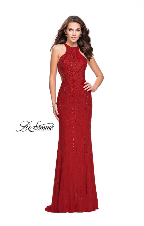 Picture of: Metallic Beaded Long Prom Dress with High Neck in Burgundy, Style: 26182, Detail Picture 5