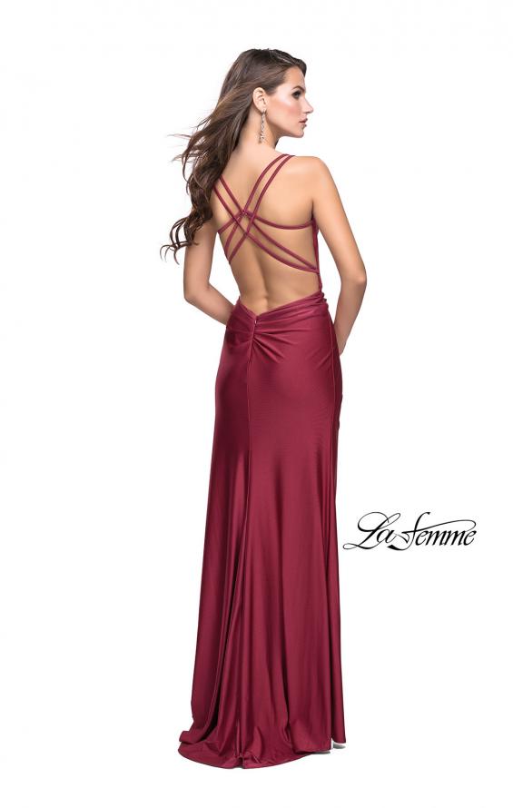 Picture of: Long Jersey Prom Dress with Ruching Side Wrap Detail in Burgundy, Style: 26317, Detail Picture 5