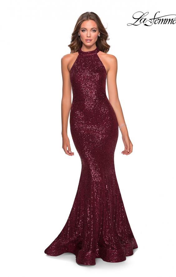 Picture of: Long Sequin Gown with High Neckline and Lace Back in Burgundy, Style: 28612, Detail Picture 7