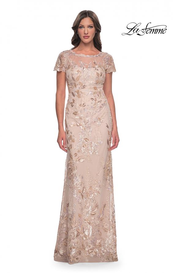 Picture of: Fitted Chic Beaded Dress with Illusion Neckline and Short Sleeves in Champagne, Style: 30841, Main Picture