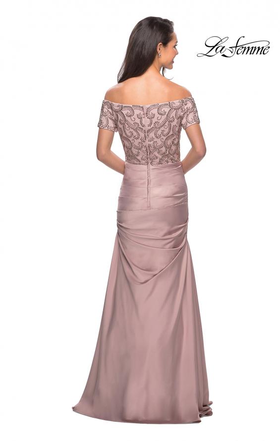 Picture of: Satin Off the Shoulder Dress with Beaded Sleeves in Champagne, Style: 25996, Back Picture