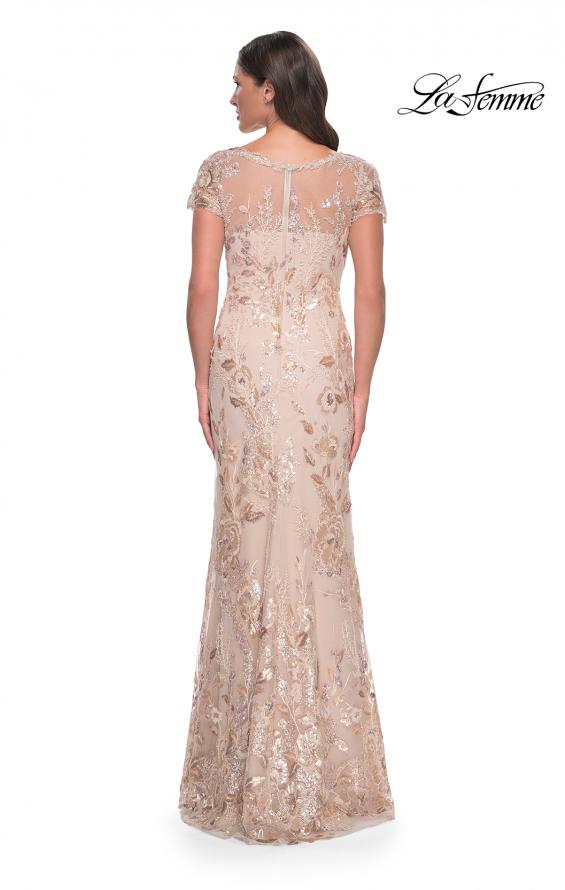 Picture of: Fitted Chic Beaded Dress with Illusion Neckline and Short Sleeves in Champagne, Style: 30841, Back Picture