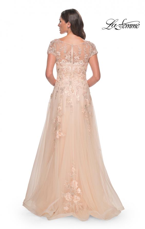 Picture of: Tulle and Lace A-Line Dress with Illusion Neckline and Short Sleeves in Champagne, Style: 31198, Back Picture