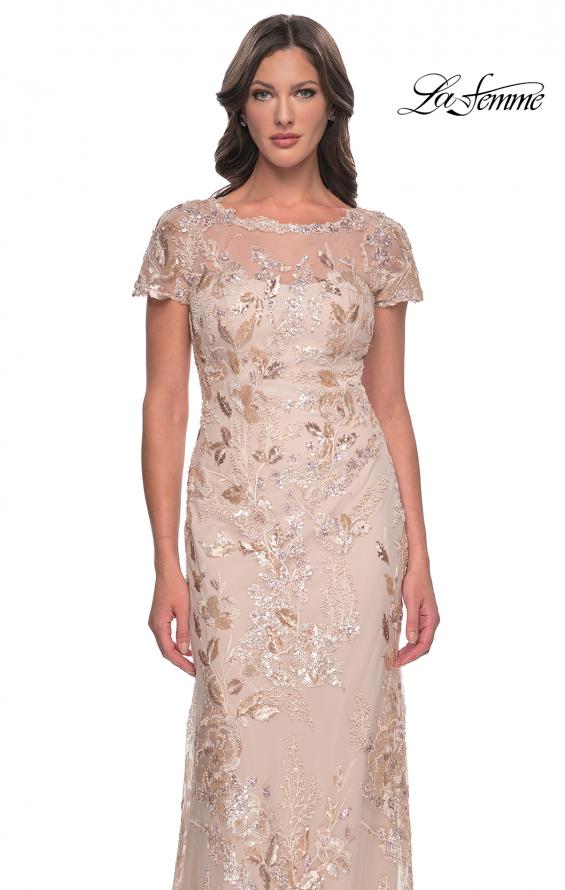 Picture of: Fitted Chic Beaded Dress with Illusion Neckline and Short Sleeves in Champagne, Style: 30841, Detail Picture 1