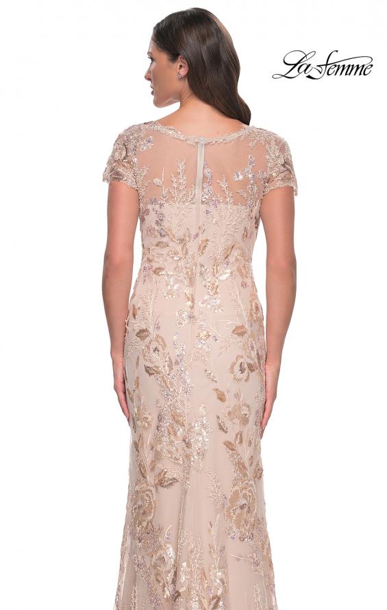 Picture of: Fitted Chic Beaded Dress with Illusion Neckline and Short Sleeves in Champagne, Style: 30841, Detail Picture 2