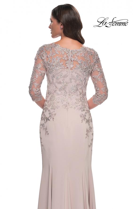 Picture of: Fitted Long Satin Dress with Lace Bodice and Sleeves in Champagne, Style: 31194, Detail Picture 2