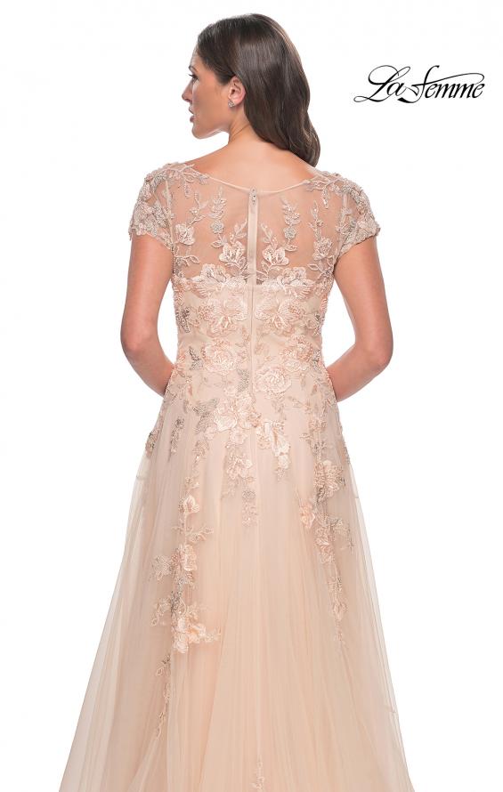 Picture of: Tulle and Lace A-Line Dress with Illusion Neckline and Short Sleeves in Champagne, Style: 31198, Detail Picture 2