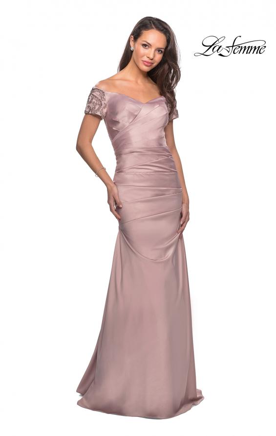 Picture of: Satin Off the Shoulder Dress with Beaded Sleeves in Champagne, Style: 25996, Detail Picture 5