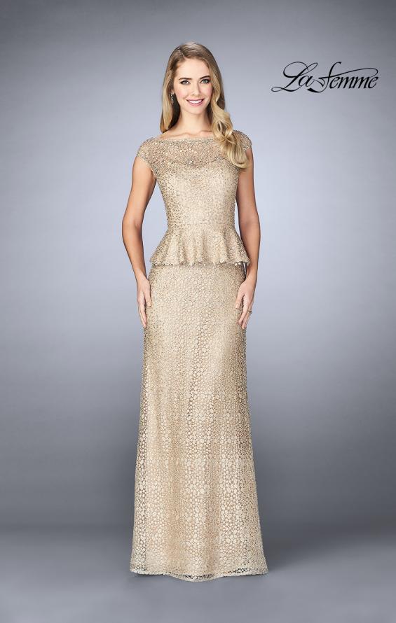 Picture of: Lace A-line Gown With Sheer Neckline and Peplum in Champagne, Style: 24896, Detail Picture 1