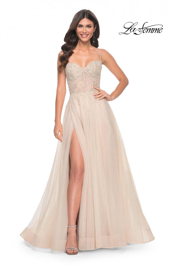 Picture of: A-Line Rhinestone and Lace Embellished Prom Dress in Nude, Style: 32271, Main Picture