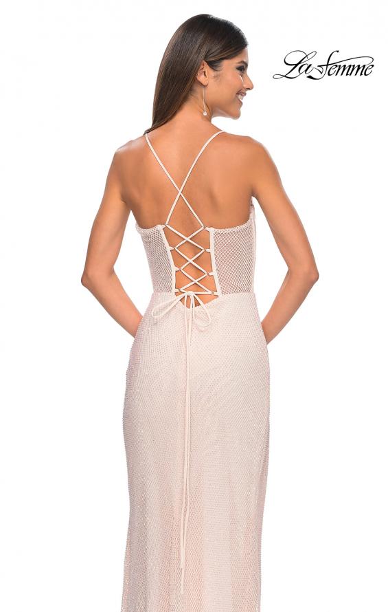 Picture of: Fishnet Rhinestone Fitted Dress with Bustier Top and High Neckline in Champagne, Style: 32227, Detail Picture 10
