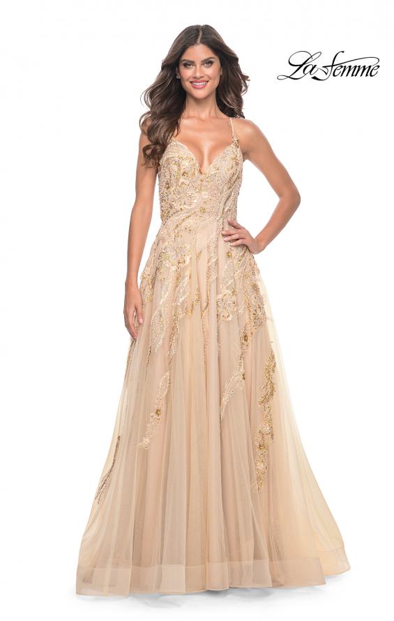 Picture of: Fabulous A-Line Gown Embellished with Sequin Beaded Applique in Champagne, Style: 32032, Detail Picture 11