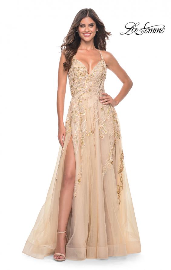 Picture of: Fabulous A-Line Gown Embellished with Sequin Beaded Applique in Champagne, Style: 32032, Detail Picture 13