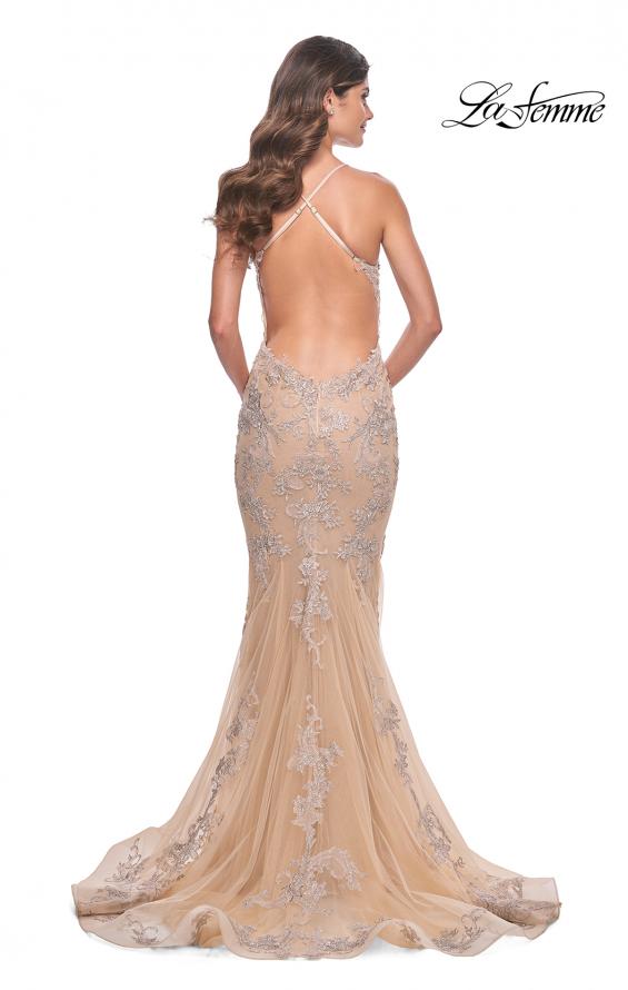 Picture of: Mermaid Lace Gown with Illusion Bodice and Open Back in Champagne, Style: 30716, Back Picture