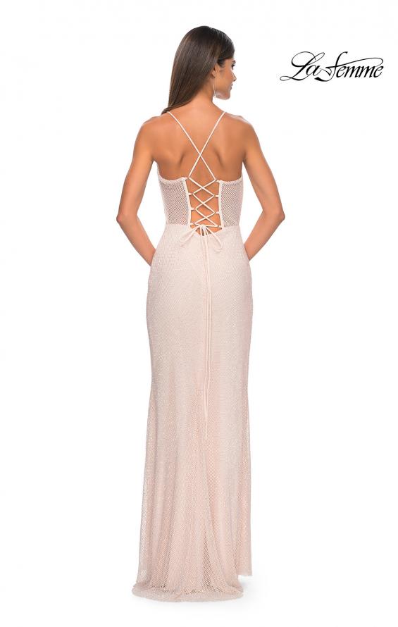 Picture of: Fishnet Rhinestone Fitted Dress with Bustier Top and High Neckline in Champagne, Style: 32227, Detail Picture 20