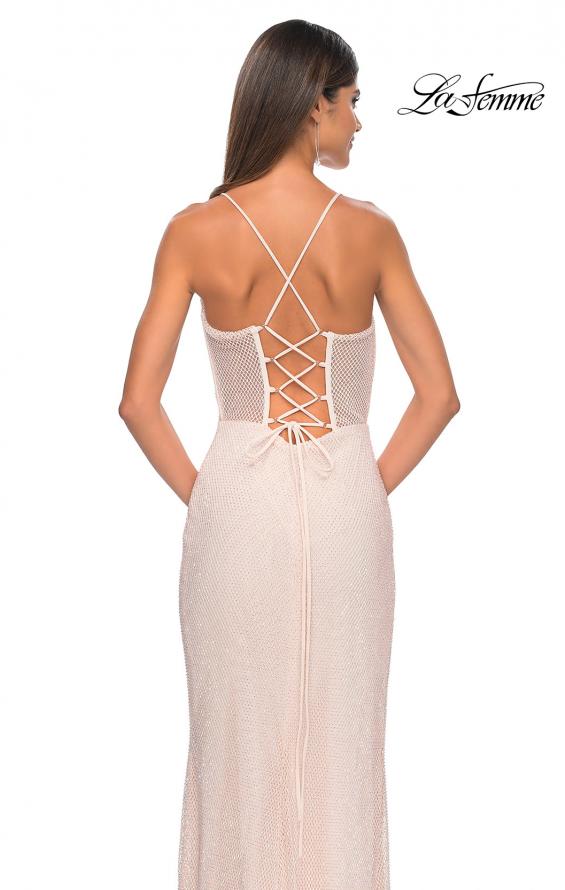 Picture of: Fishnet Rhinestone Fitted Dress with Bustier Top and High Neckline in Champagne, Style: 32227, Detail Picture 22