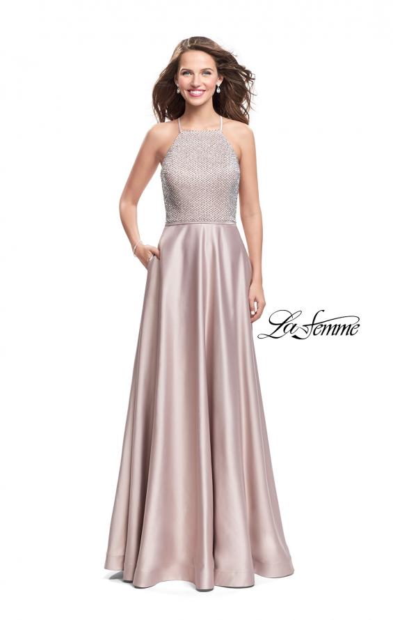 Picture of: Satin A-line Ball Gown Featuring Beading and a High Neck in Champagne, Style: 25601, Detail Picture 2