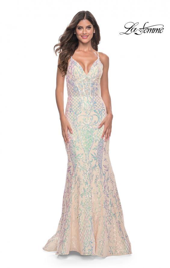 Picture of: Mermaid Print Sequin Dress with Lace Up Open Back in Champagne, Style: 31943, Detail Picture 2