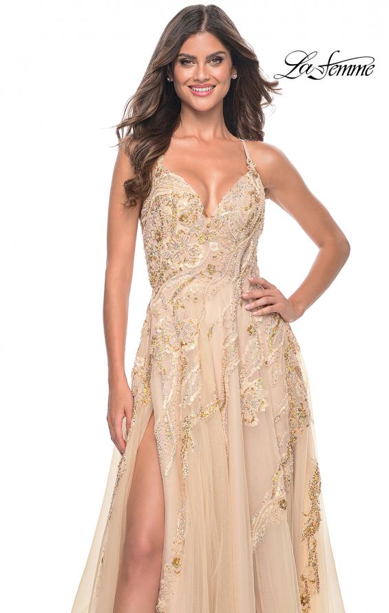 Picture of: Fabulous A-Line Gown Embellished with Sequin Beaded Applique in Champagne, Style: 32032, Detail Picture 2