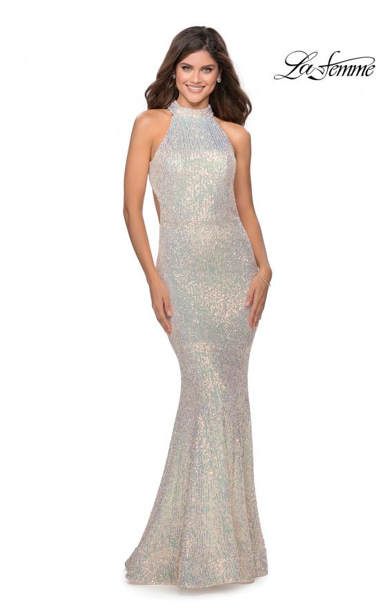 Picture of: Long Sequin Gown with High Neckline and Lace Back in Champagne, Style: 28612, Detail Picture 3