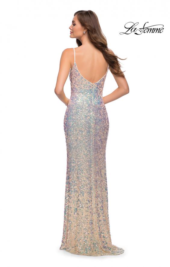 Picture of: Iridescent Long Sequin Dress with V Neckline in Champagne, Style 29936, Detail Picture 3