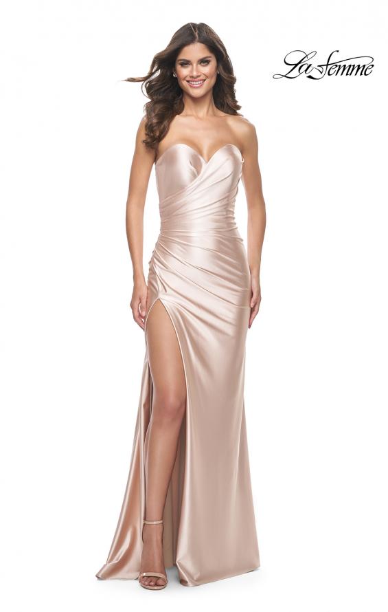 Picture of: Stretch Satin Gown with Sweetheart Top and Illusion Back in Champagne, Style: 32159, Detail Picture 3