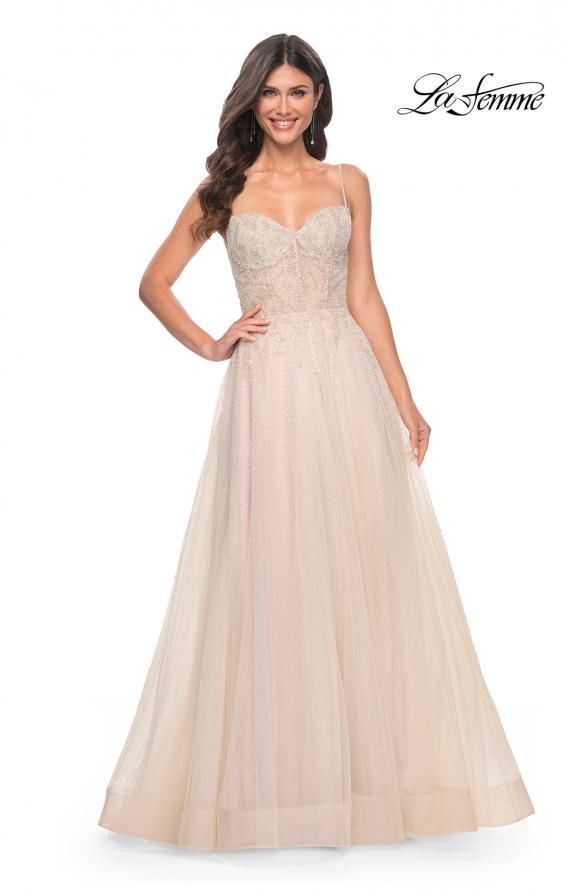 Picture of: A-Line Rhinestone and Lace Embellished Prom Dress in Nude, Style: 32271, Detail Picture 3