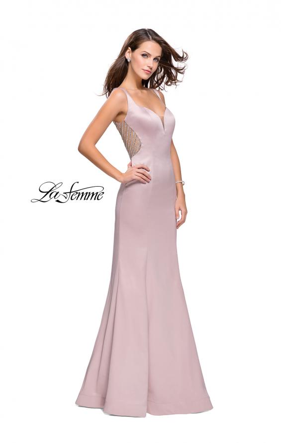 Picture of: Long Mermaid Gown with Sheer Deep V and Beading in Champagne, Style: 25454, Detail Picture 2
