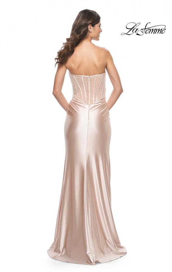 Picture of: Stretch Satin Gown with Sweetheart Top and Illusion Back in Champagne, Style: 32159, Detail Picture 4