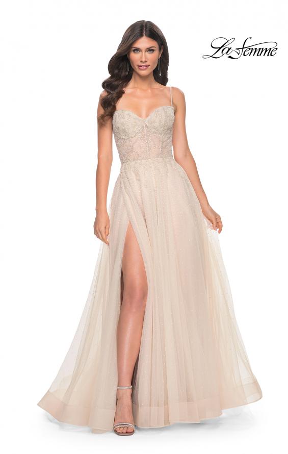 Picture of: A-Line Rhinestone and Lace Embellished Prom Dress in Nude, Style: 32271, Detail Picture 4