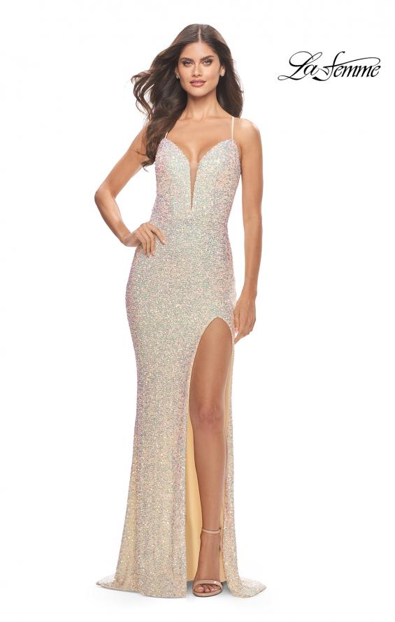 Picture of: Stretch Sequin Gown with Deep V Neck and Tie Back in Champagne, Style: 31072, Detail Picture 6