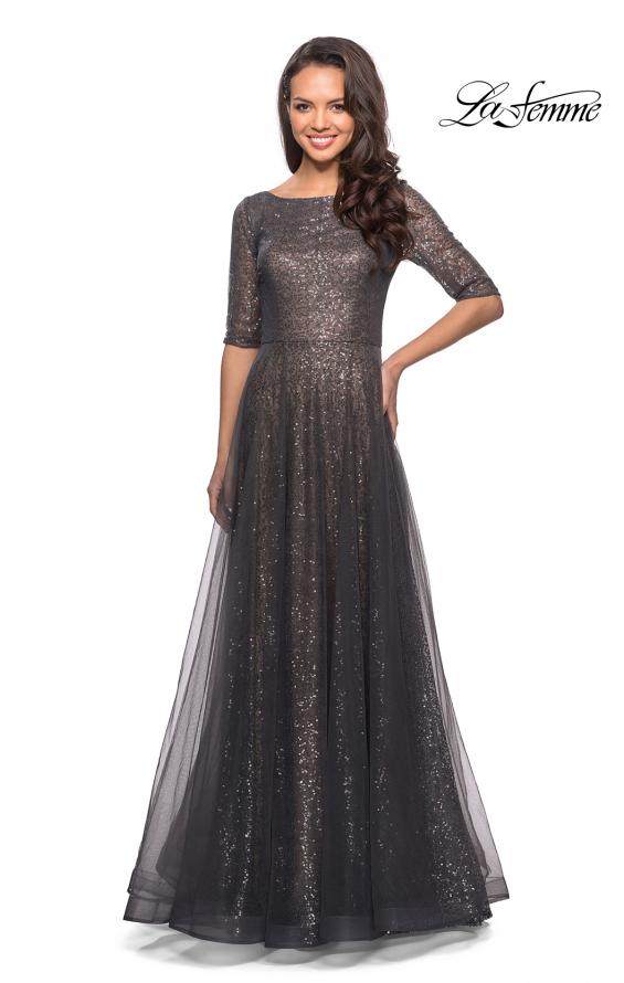 Picture of: Fully Sequined Floor Length Gown with Pockets in Charcoal, Style: 27016, Detail Picture 1