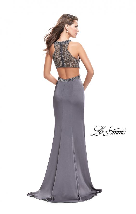 Picture of: Long Jersey Prom Dress with High Neck and Beading in Charcoal, Style: 26130, Back Picture