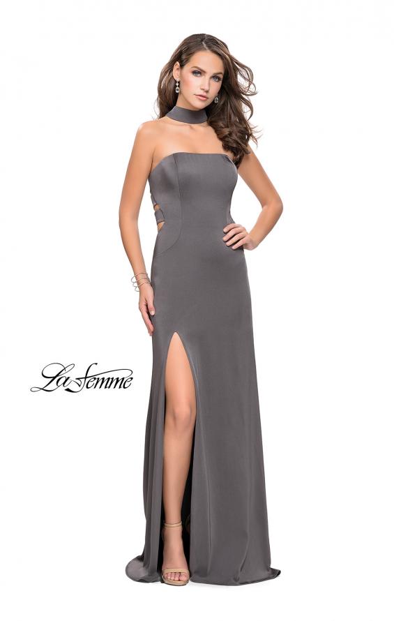 Picture of: Strapless Jersey Prom Dress with Attached Choker in Charcoal, Style: 25735, Detail Picture 1