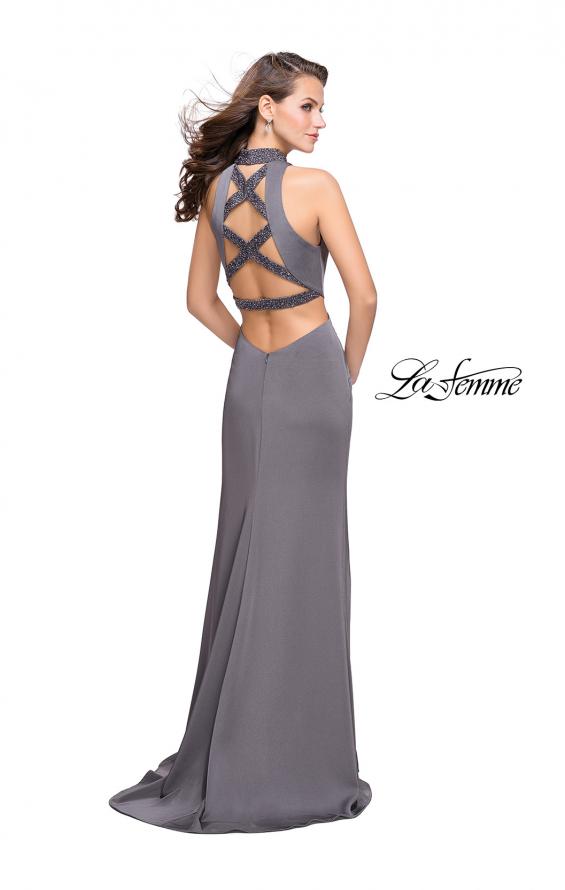 Picture of: Long Jersey Prom Dress with Side Cut Outs and Beading in Charcoal, Style: 25641, Detail Picture 2