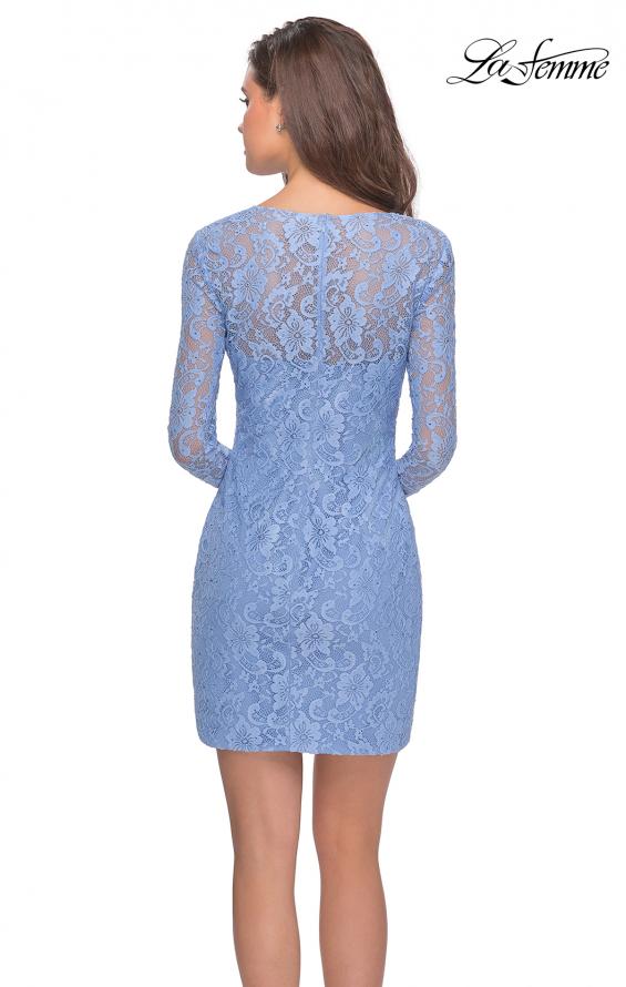 Picture of: Long Sleeve Lace Short Dress with Sheer Back Detail in Cloud Blue, Style: 28232, Detail Picture 5