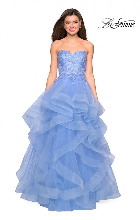 Picture of: Strapless Tulle Prom Gown with Lace Embellishments in Cloud Blue, Style: 27620, Detail Picture 8