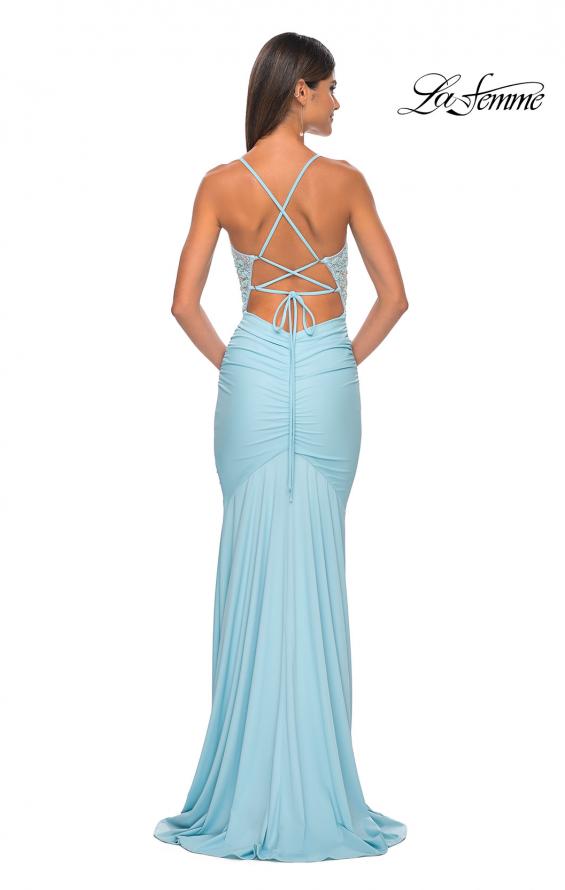 Picture of: Fitted Jersey Prom Dress with Rhinestone Beaded Illusion Bodice in Cloud Blue, Style: 32054, Detail Picture 8