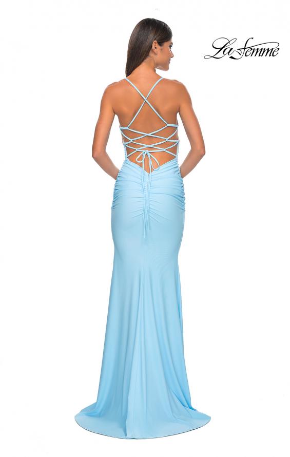 Picture of: Neon Ruched Jersey Dress with Rhinestone Mesh Draped Top in Cloud Blue, Style: 32320, Detail Picture 8