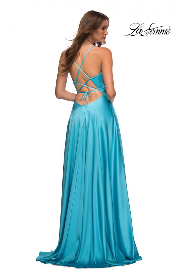 Picture of: Bright Satin Gown with Criss-Cross Ruched Top in Cloud Blue, Style: 30662, Detail Picture 12