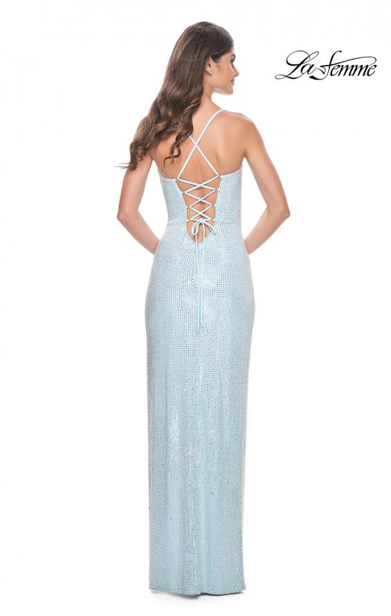 Picture of: Full Rhinestone Embellished Gown with Square Neckline in Cloud Blue, Style: 32039, Back Picture
