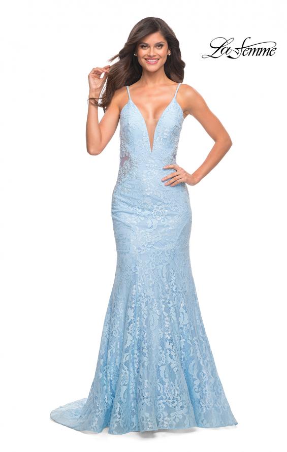 Picture of: Long Mermaid Lace Dress with Back Rhinestone Detail in Cloud Blue, Style: 28355, Detail Picture 22