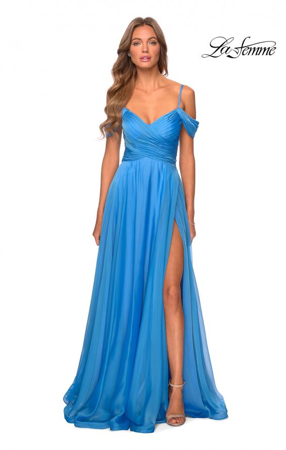 Picture of: Off the Shoulder Chiffon Dress with Scoop Back in Cloud Blue, Style: 28942, Detail Picture 1