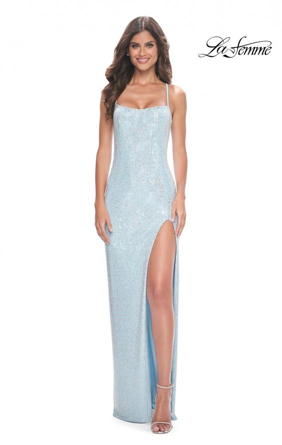 Picture of: Full Rhinestone Embellished Gown with Square Neckline in Cloud Blue, Style: 32039, Detail Picture 1