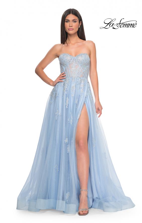 Picture of: Gorgeous Lace A-Line Dress with Rhinestone Lace Details in Cloud Blue, Style: 32111, Detail Picture 1