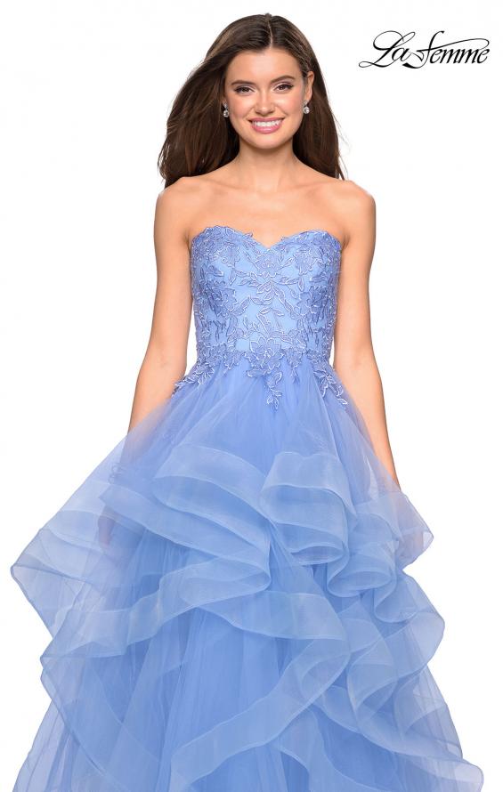 Picture of: Strapless Tulle Prom Gown with Lace Embellishments in Cloud Blue, Style: 27620, Detail Picture 2