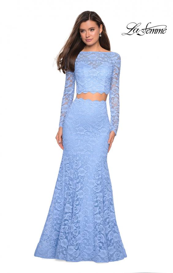 Picture of: Stretch Lace Long Sleeve Two Piece Prom Dress in Cloud Blue, Style: 27601