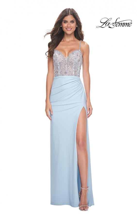 Picture of: Fitted Jersey Gown with Pretty Beaded Rhinestone Illusion Bodice in Cloud Blue, Style: 32089, Detail Picture 3