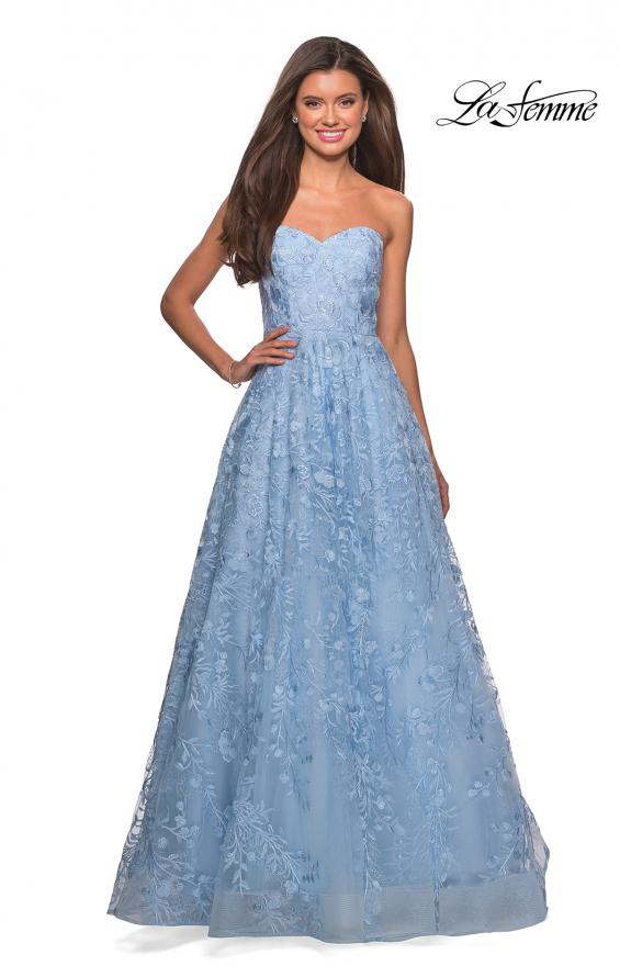 Picture of: Strapless A-Line Gown with Floral Embroidery in Cloud Blue, Style: 27746, Detail Picture 4